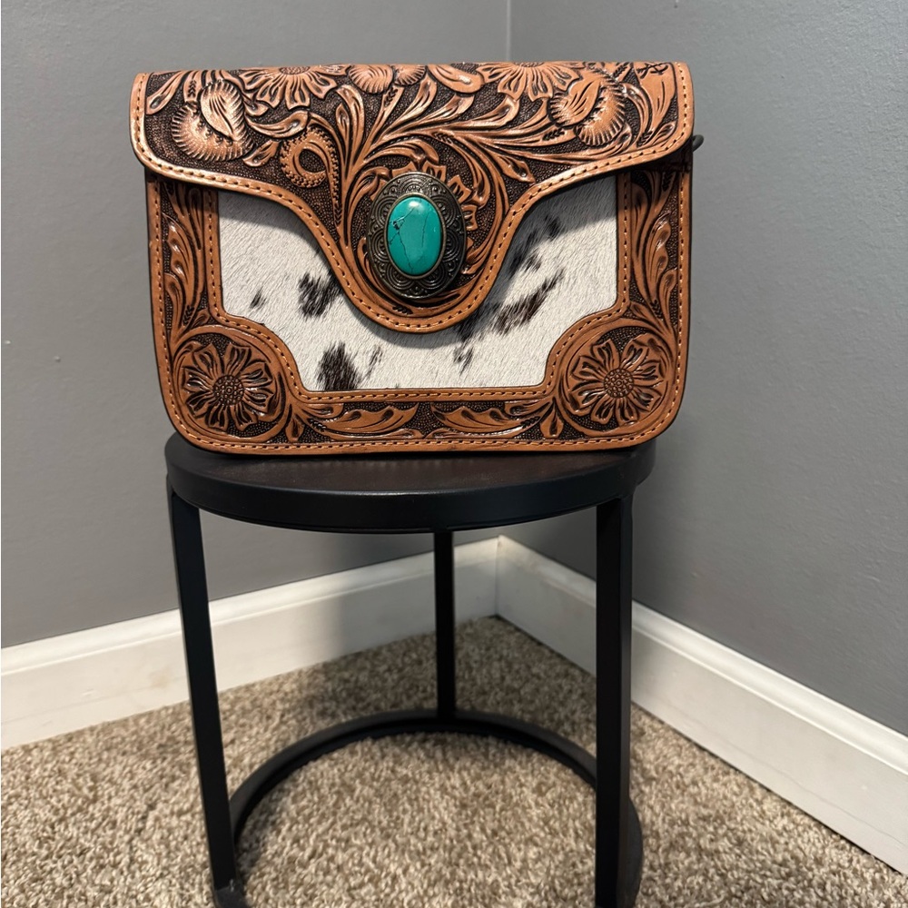 American Darling Brown and Cream Crossbody Bag with Intricate Tooling
